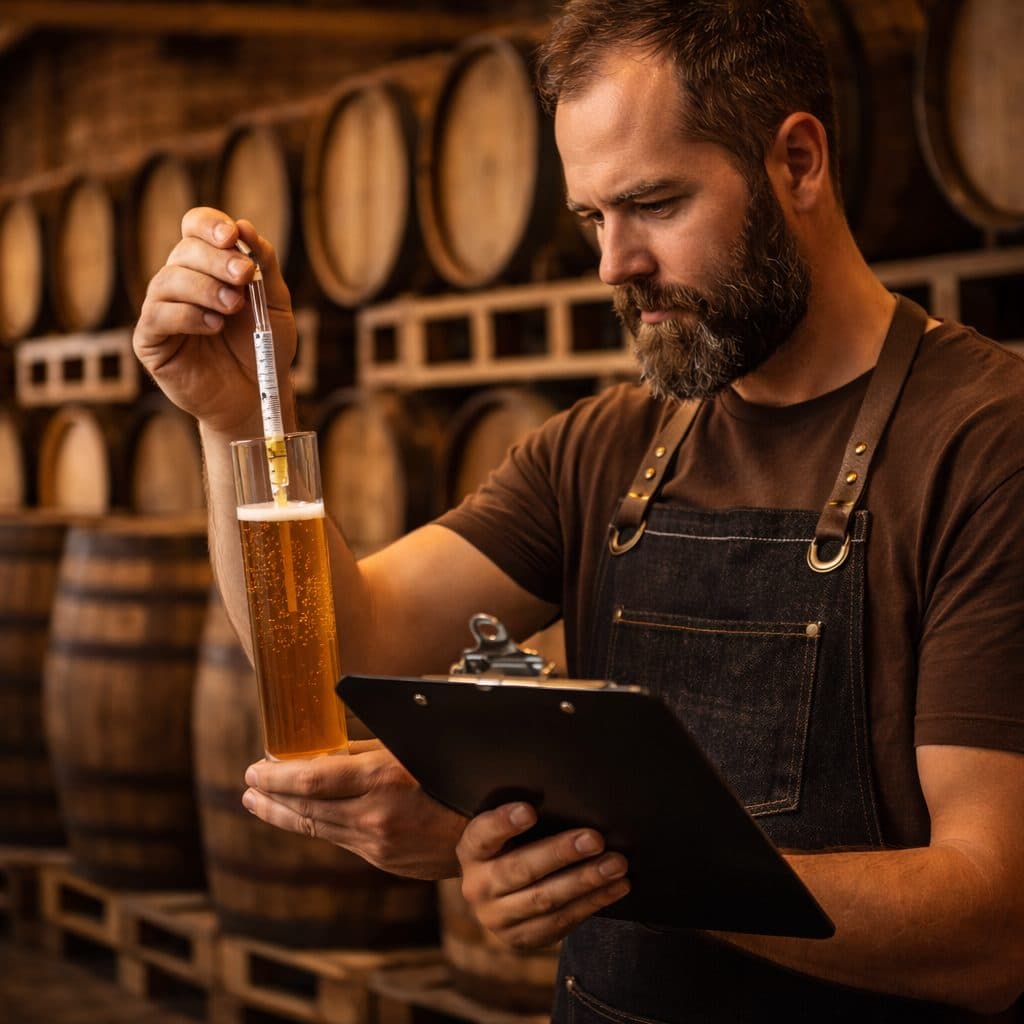 Mestre cervejeiro medindo a densidade da cerveja